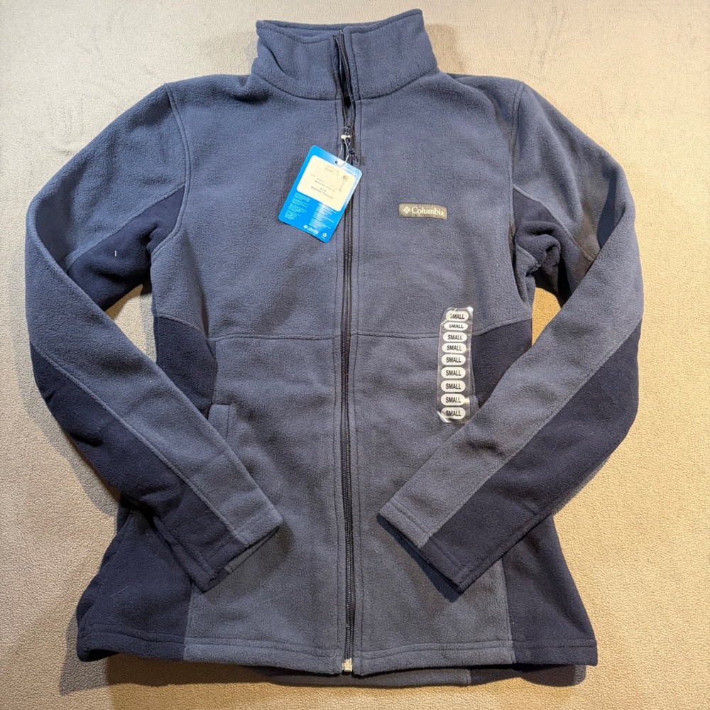 Columbia Womens Full Zip Fleece Jacket Blue Colorblock Mock Neck NWT Small
